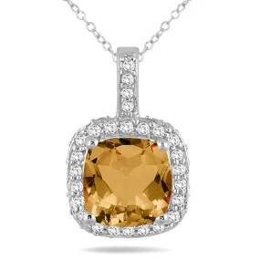 1.50 Carat Tw Cushion Citrine And Diamond Halo Pendant In 10K White Gold