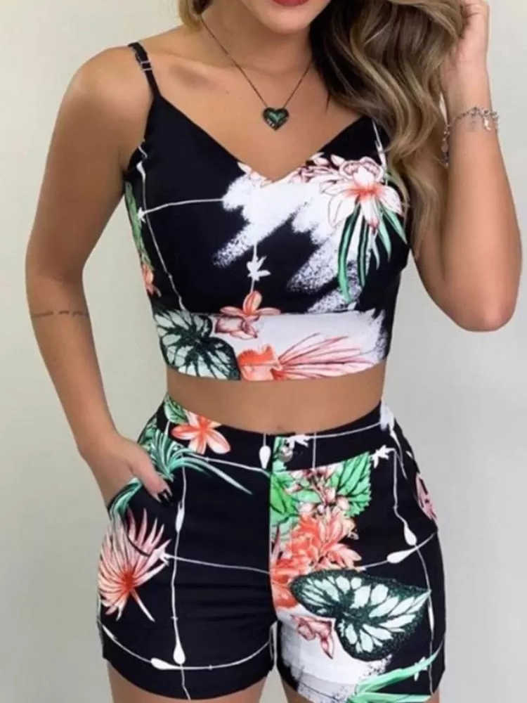 2 Piece Set Spaghetti Strap Crop Top & Short