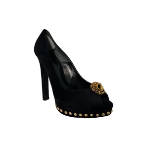 Alexander McQueen Alexander McQueen Black Suede Crystal Embellished Skull Peep Toe Platform Pumps Size 38