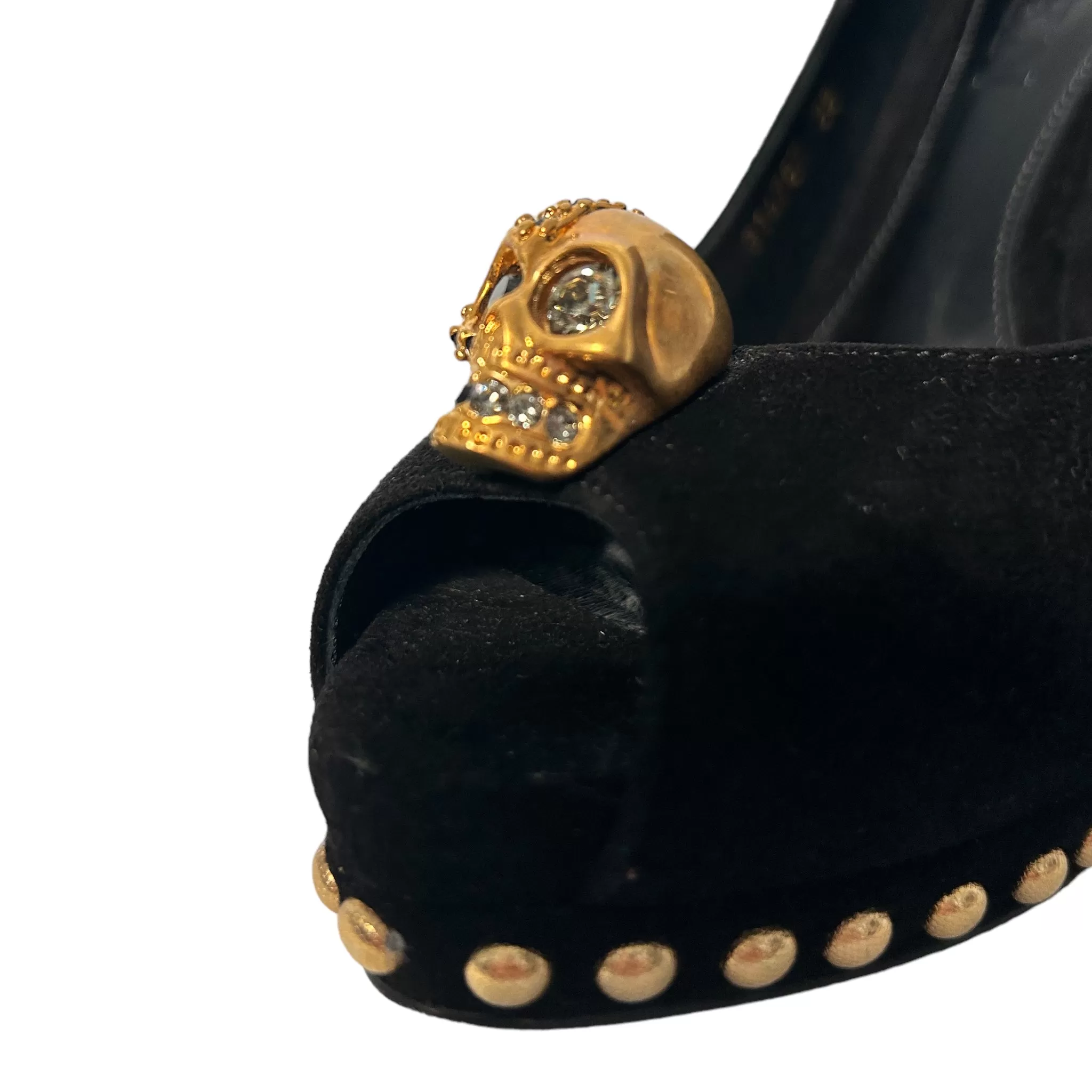 Alexander McQueen Alexander McQueen Black Suede Crystal Embellished Skull Peep Toe Platform Pumps Size 38