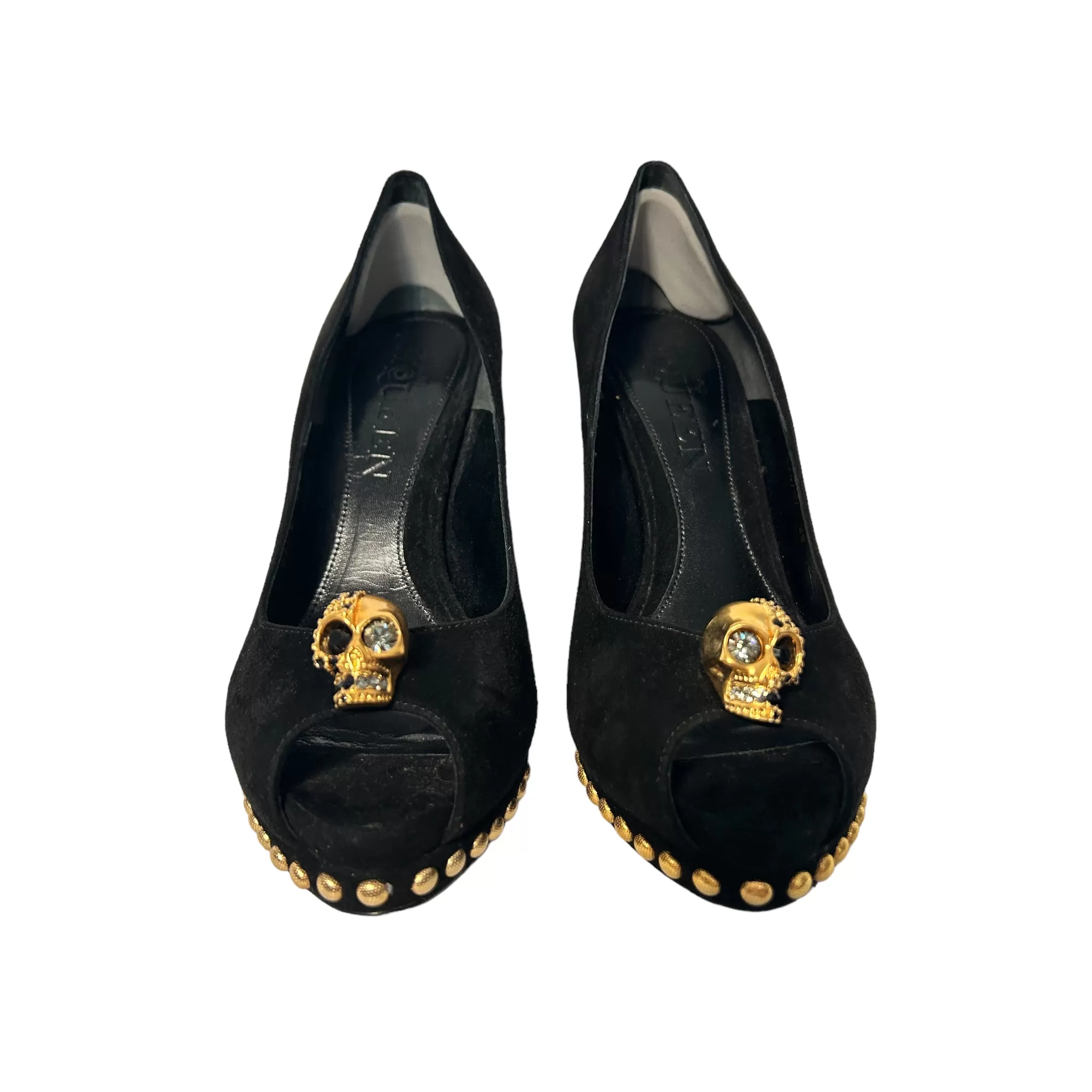 Alexander McQueen Alexander McQueen Black Suede Crystal Embellished Skull Peep Toe Platform Pumps Size 38