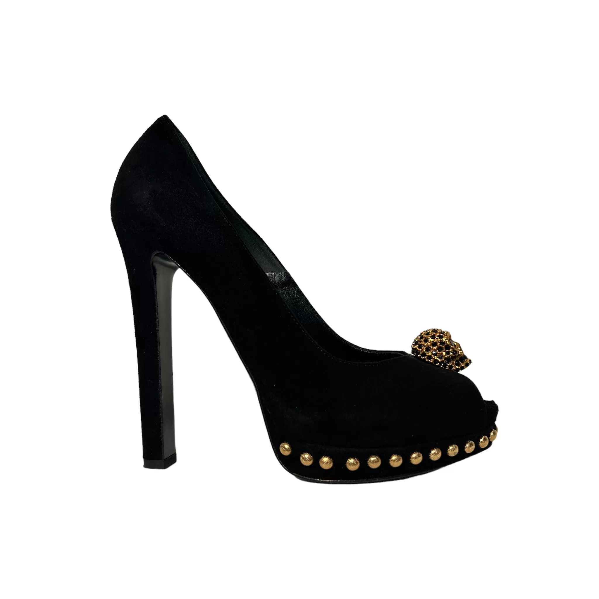 Alexander McQueen Alexander McQueen Black Suede Crystal Embellished Skull Peep Toe Platform Pumps Size 38