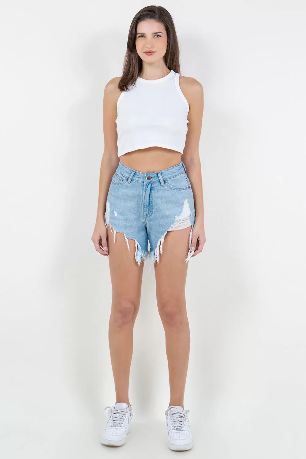 American Bazi High Waist Fringed Hem Denim Shorts