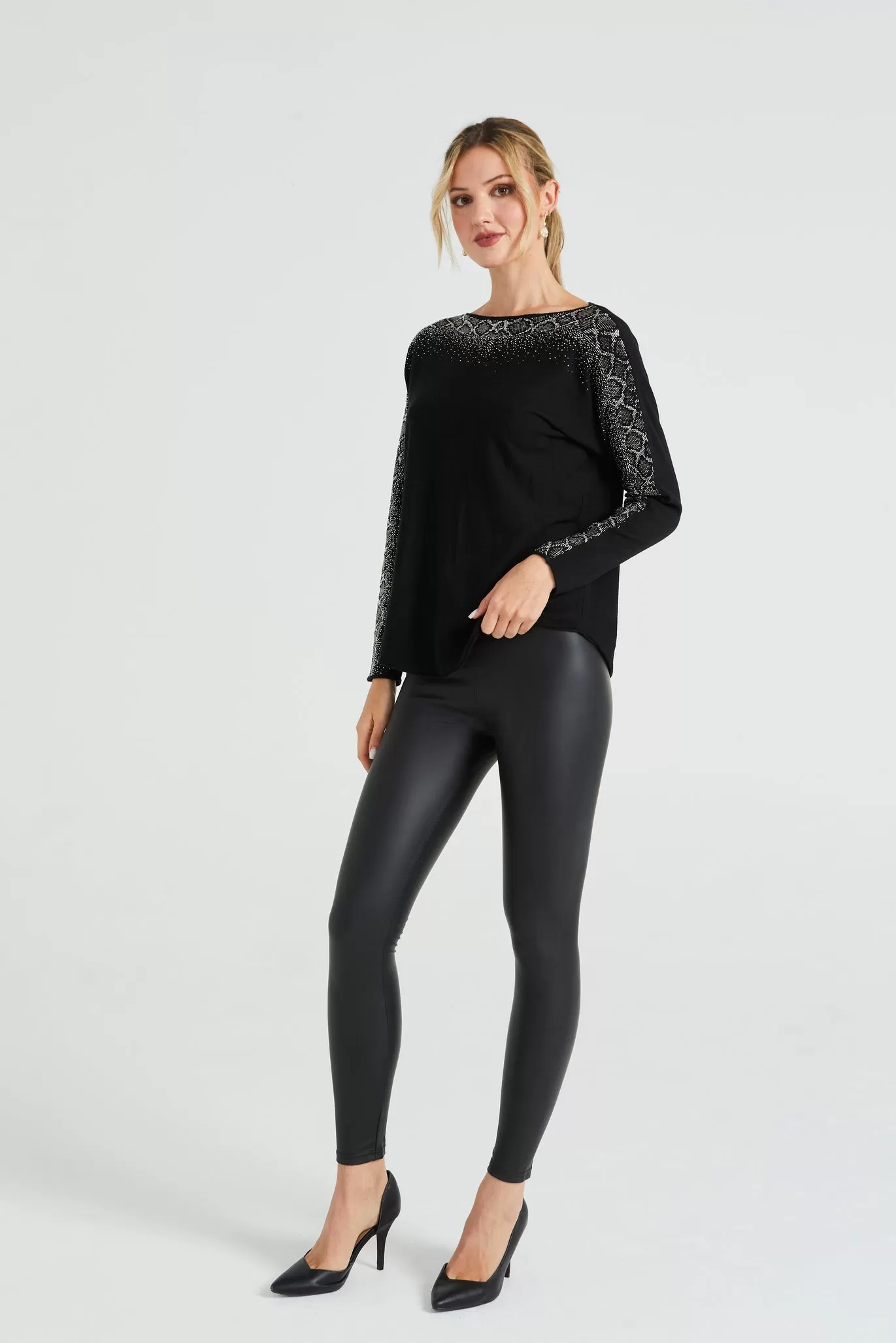 Angeleye Diamonte Neck & Sleeves Detail Jumper In Black