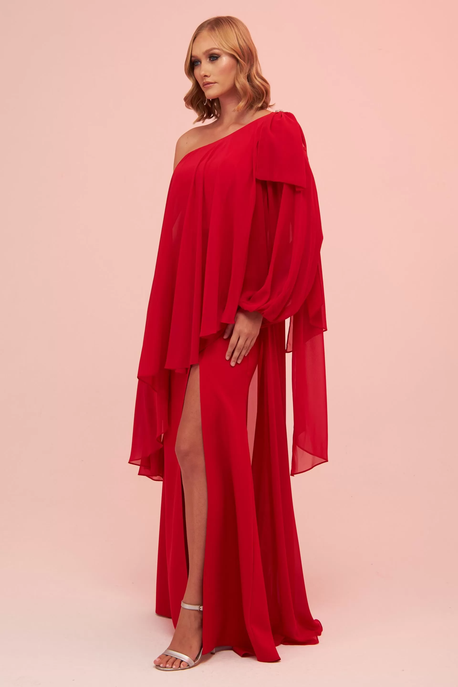 Angelino Red Single Sleeve Slit Plus Size Chiffon Evening Dress