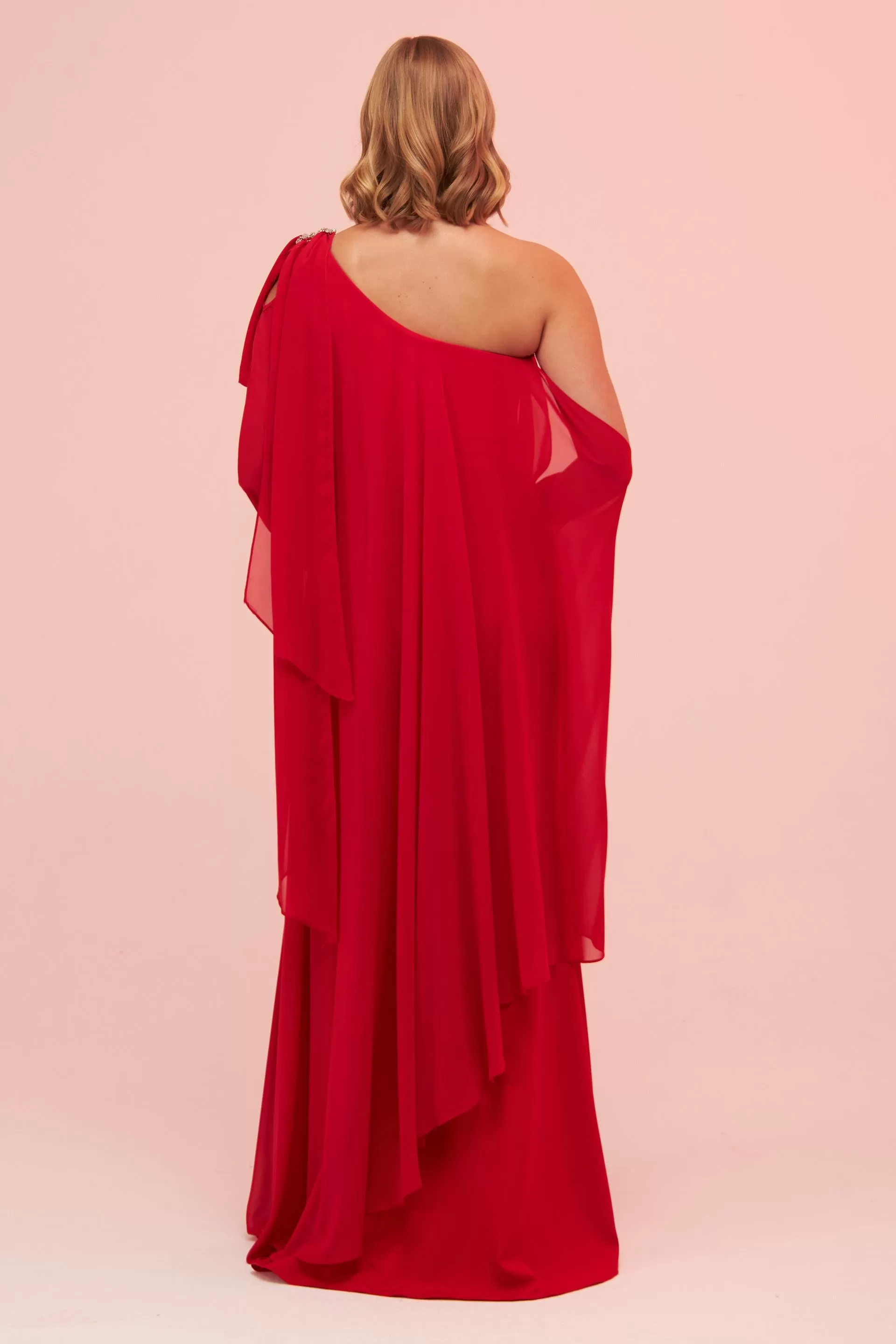 Angelino Red Single Sleeve Slit Plus Size Chiffon Evening Dress