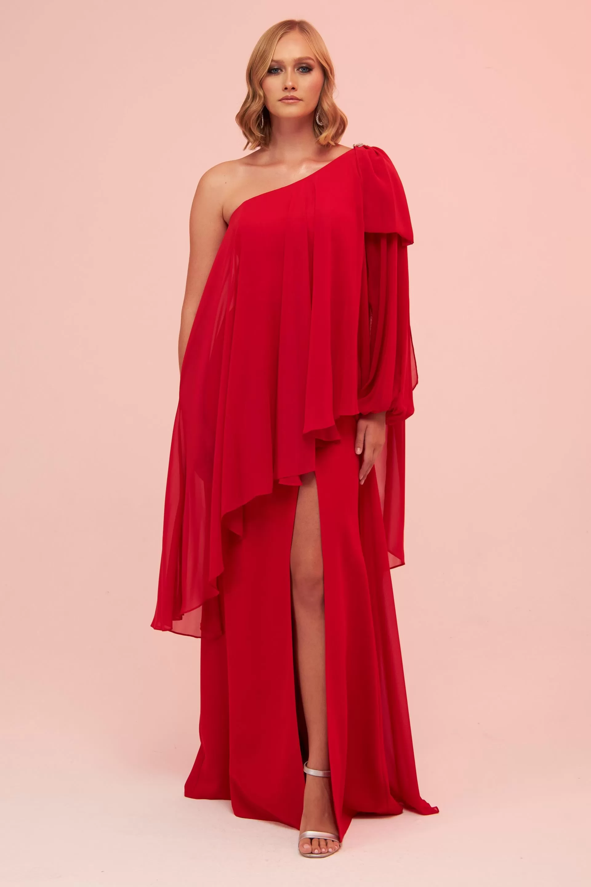 Angelino Red Single Sleeve Slit Plus Size Chiffon Evening Dress