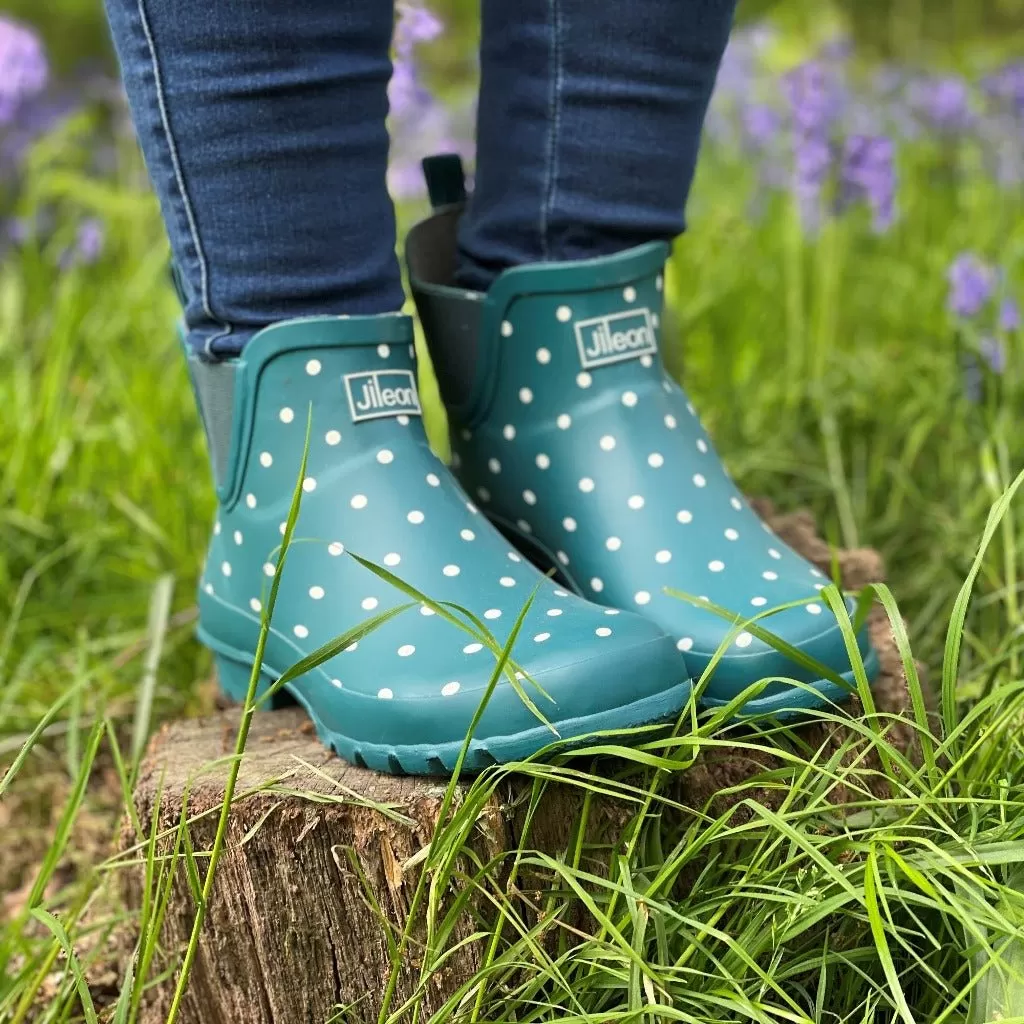 Ankle Wellies - Teal with White Spots - Wide Foot