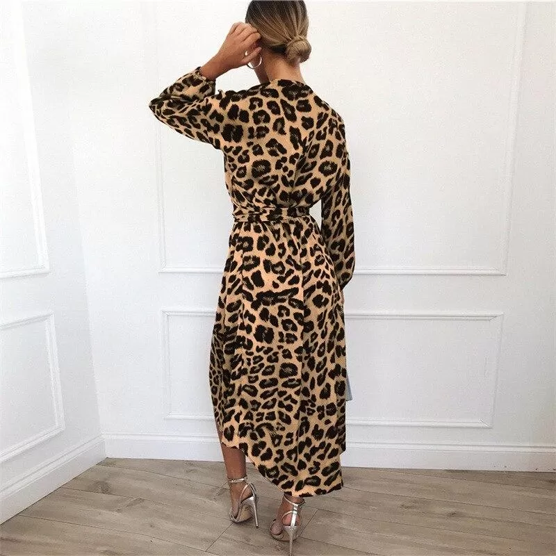 Autumn Winter Women's Leopard Pattern V-Neck Irregular Sashes Midi Dress