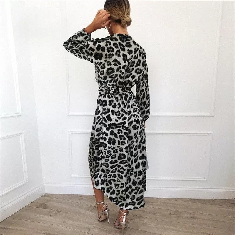 Autumn Winter Women's Leopard Pattern V-Neck Irregular Sashes Midi Dress