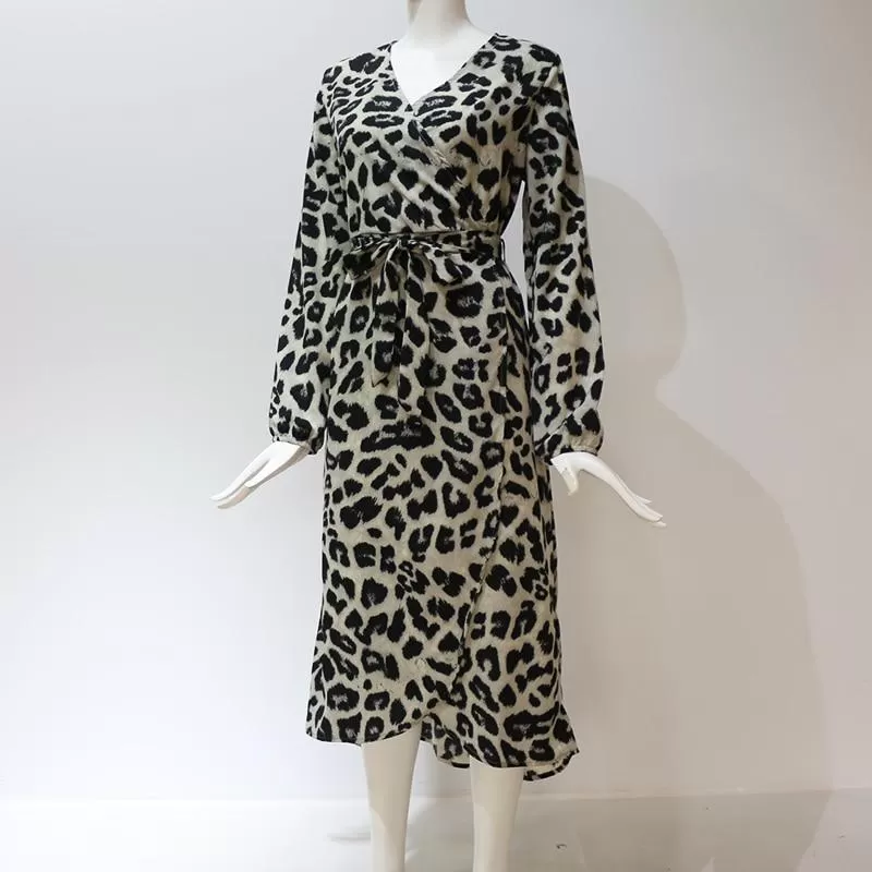 Autumn Winter Women's Leopard Pattern V-Neck Irregular Sashes Midi Dress