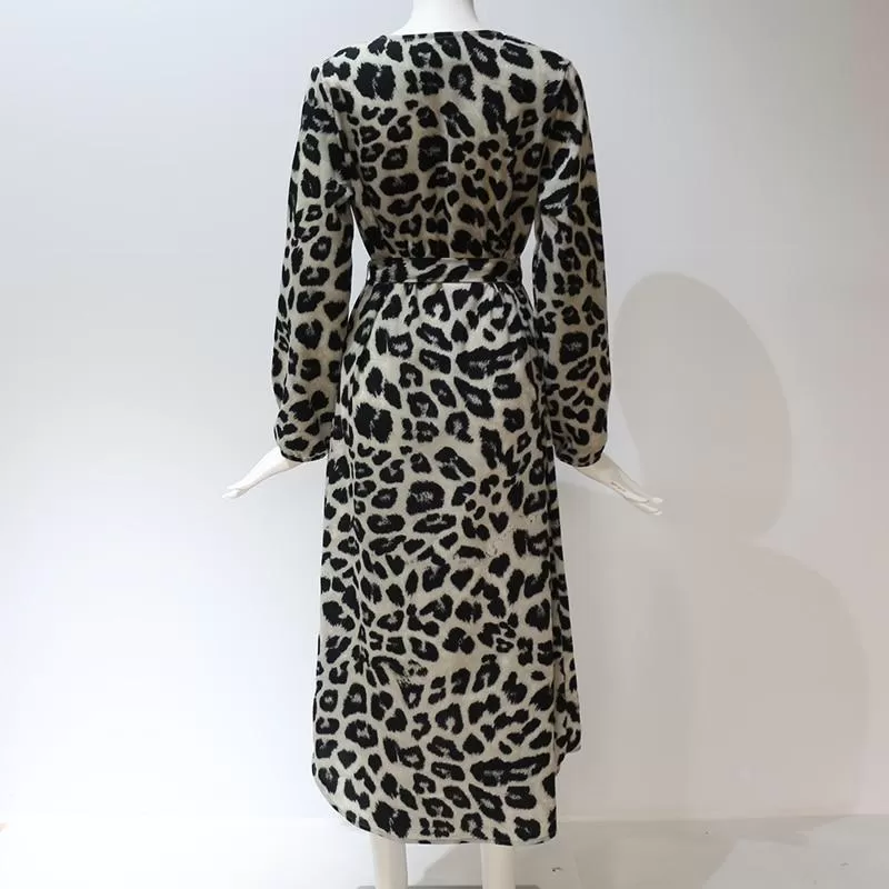 Autumn Winter Women's Leopard Pattern V-Neck Irregular Sashes Midi Dress