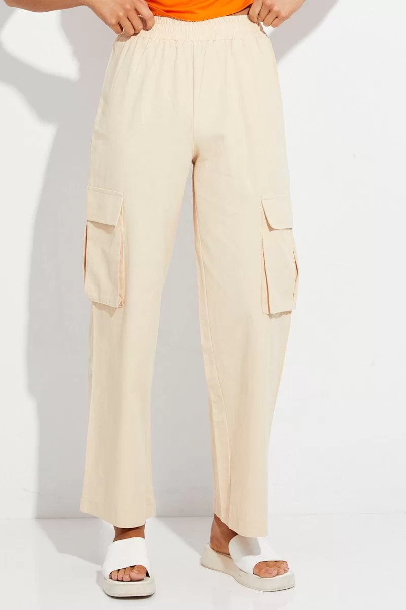 Beige Elastic Waist High Rise Wide Leg Cargo Pants