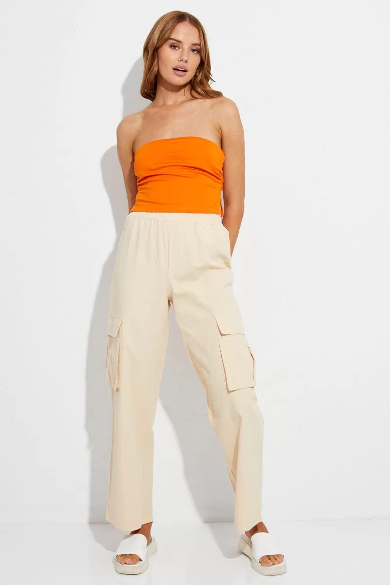 Beige Elastic Waist High Rise Wide Leg Cargo Pants