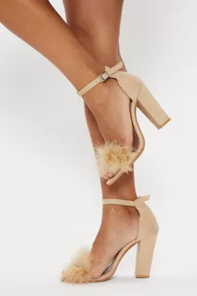 Beige Faux Fur Ankle Strap Heels