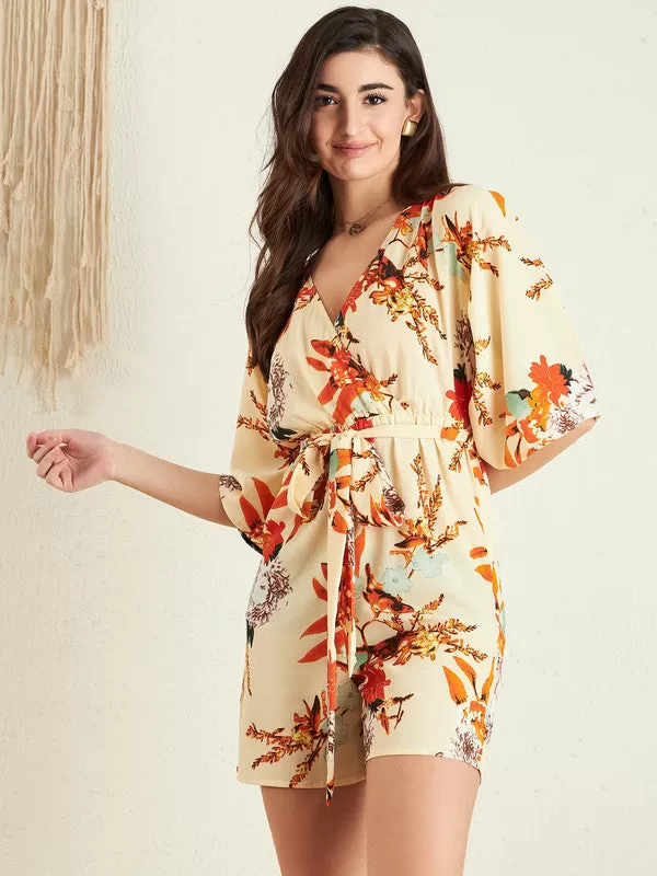 Berrylush Women Beige & Orange Floral Printed V-Neck Short Sleeves Waist Tie-Up Wrap Mini Playsuit