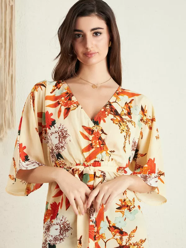 Berrylush Women Beige & Orange Floral Printed V-Neck Short Sleeves Waist Tie-Up Wrap Mini Playsuit