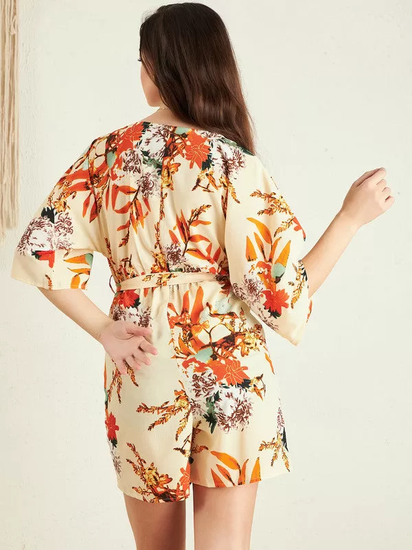 Berrylush Women Beige & Orange Floral Printed V-Neck Short Sleeves Waist Tie-Up Wrap Mini Playsuit