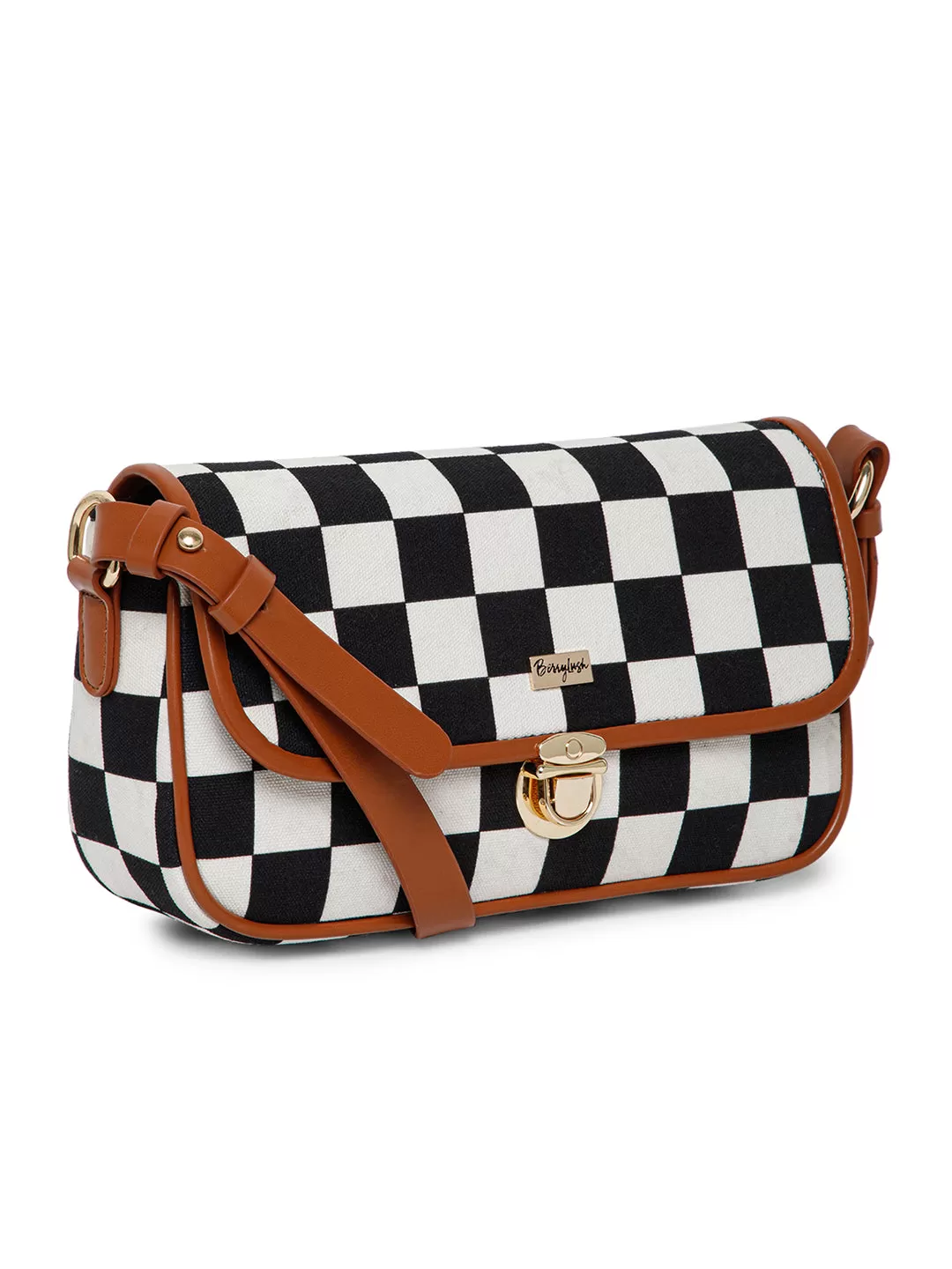 Berrylush Women Black & White Check Printed Fabric Detachable Strap Contrast Trim Push-Lock & Zipper-Up Shoulder Bag