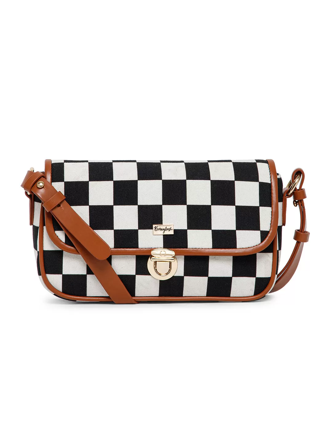 Berrylush Women Black & White Check Printed Fabric Detachable Strap Contrast Trim Push-Lock & Zipper-Up Shoulder Bag