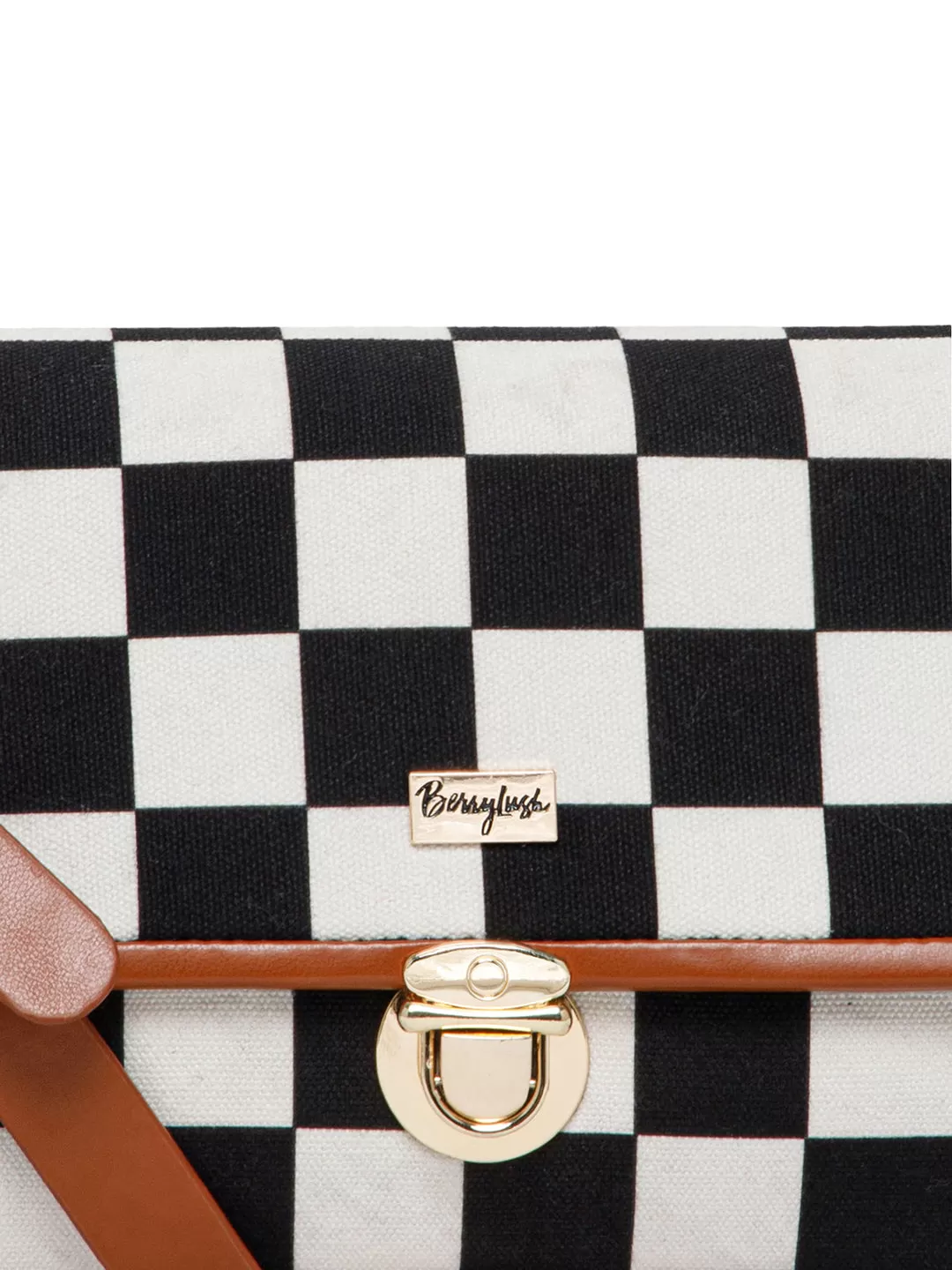 Berrylush Women Black & White Check Printed Fabric Detachable Strap Contrast Trim Push-Lock & Zipper-Up Shoulder Bag