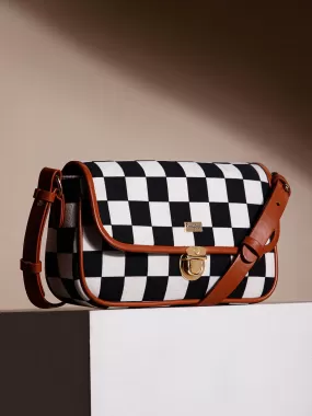 Berrylush Women Black & White Check Printed Fabric Detachable Strap Contrast Trim Push-Lock & Zipper-Up Shoulder Bag