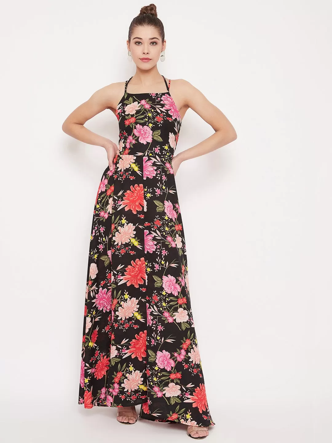 Berrylush Women Black Floral Printed Tie-Up Backless Maxi Dress