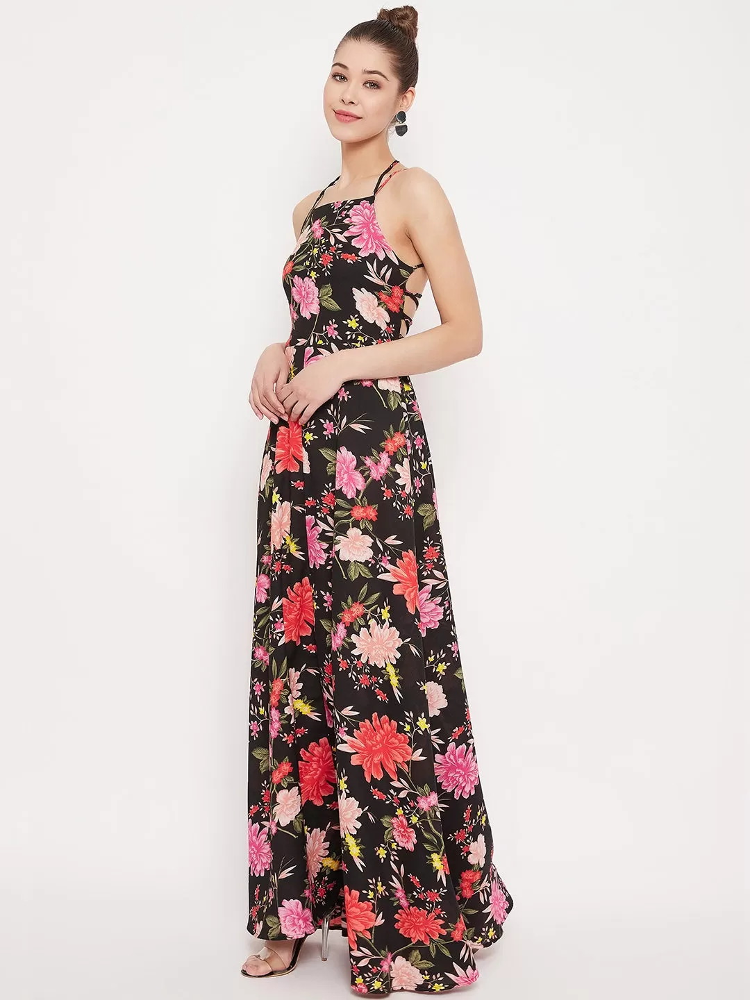 Berrylush Women Black Floral Printed Tie-Up Backless Maxi Dress