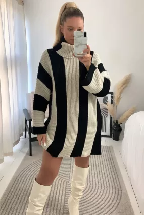 Billy Black and Beige Stripe Roll Neck Oversized Jumper Dress