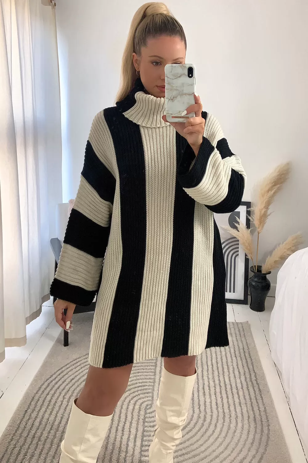 Billy Black and Beige Stripe Roll Neck Oversized Jumper Dress