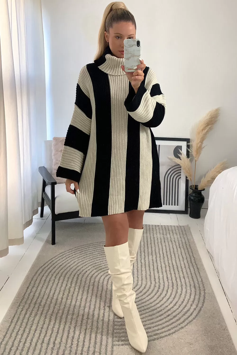 Billy Black and Beige Stripe Roll Neck Oversized Jumper Dress