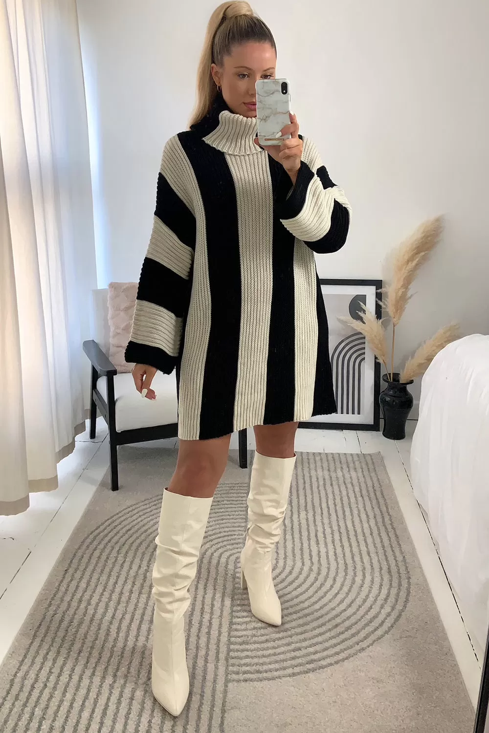 Billy Black and Beige Stripe Roll Neck Oversized Jumper Dress