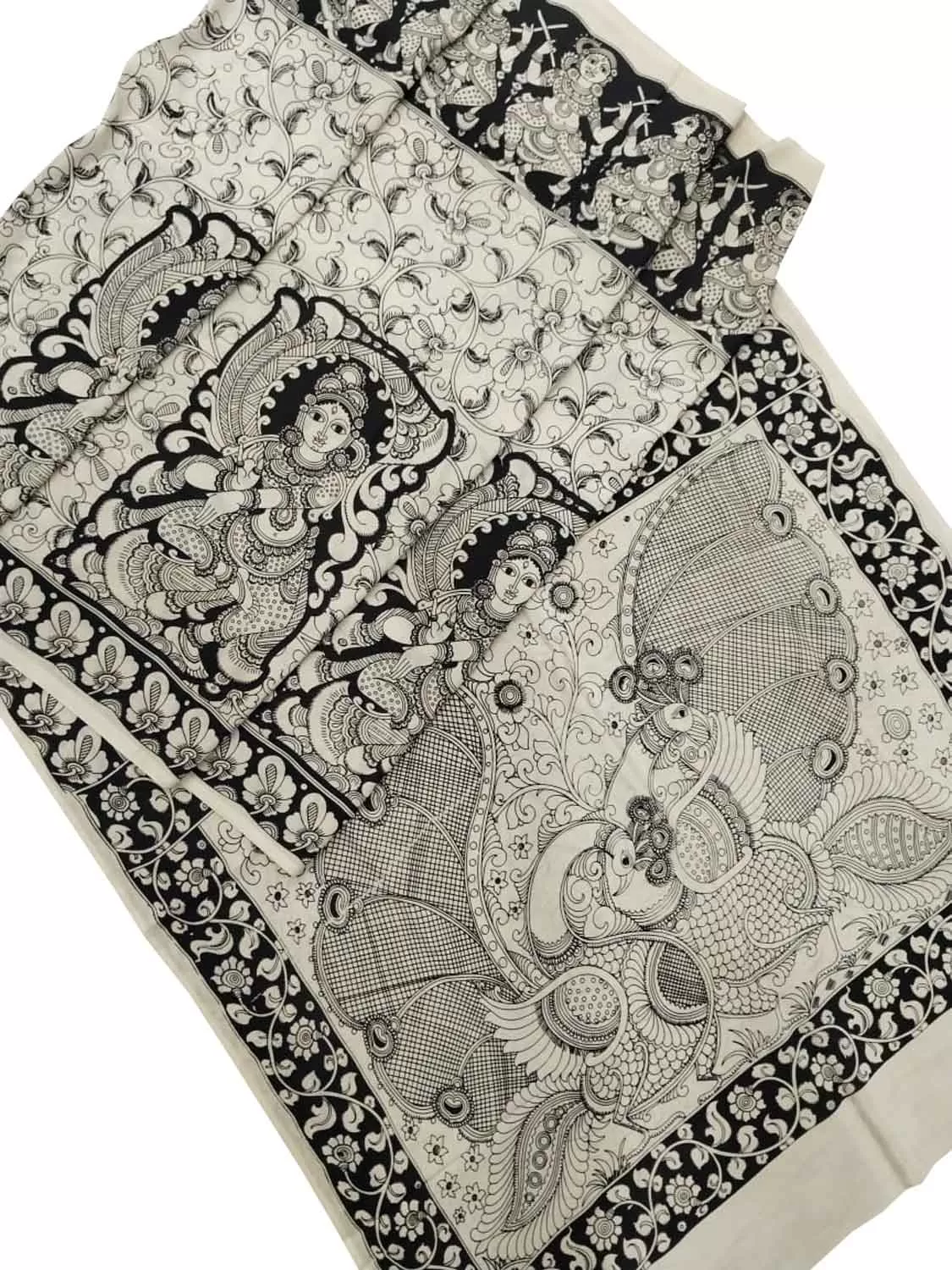 Black And White Kalamkari Hand Painted Bangalore Silk Saree