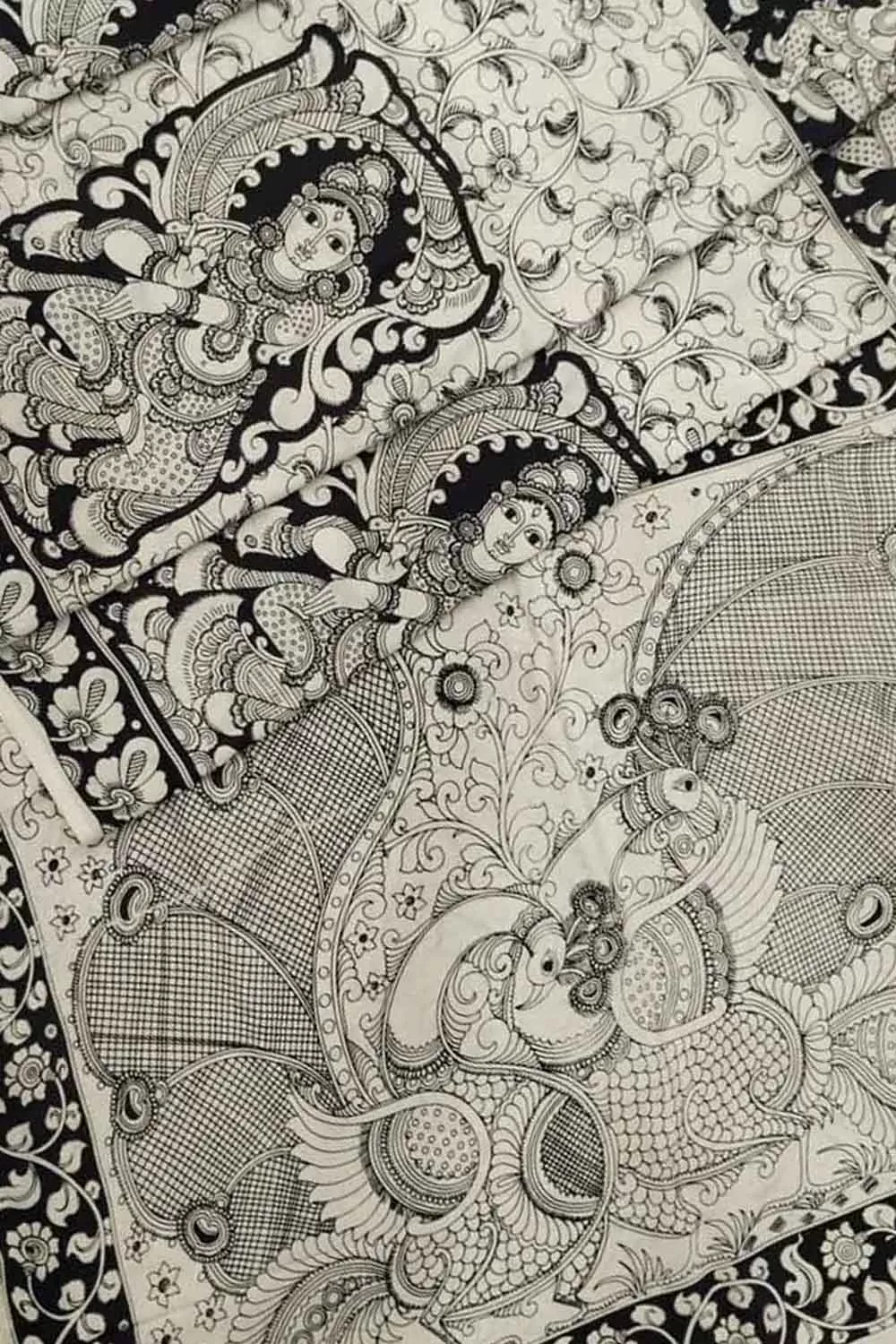 Black And White Kalamkari Hand Painted Bangalore Silk Saree