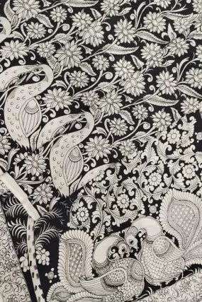 Black And White Kalamkari Hand Painted Bangalore Silk Saree