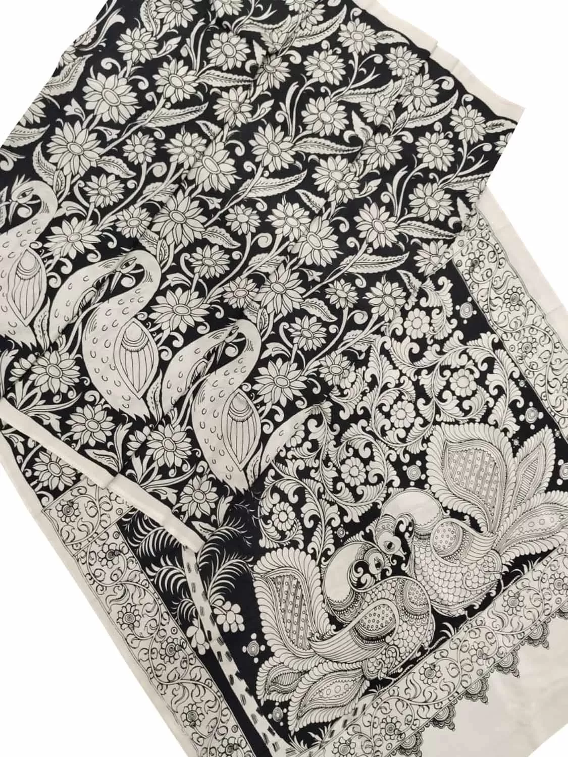 Black And White Kalamkari Hand Painted Bangalore Silk Saree