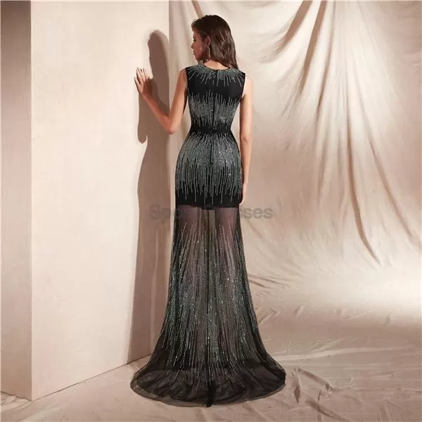 Black Jewel See Through Mermaid Evening Prom Dresses, Evening Party Prom Dresses, 12074