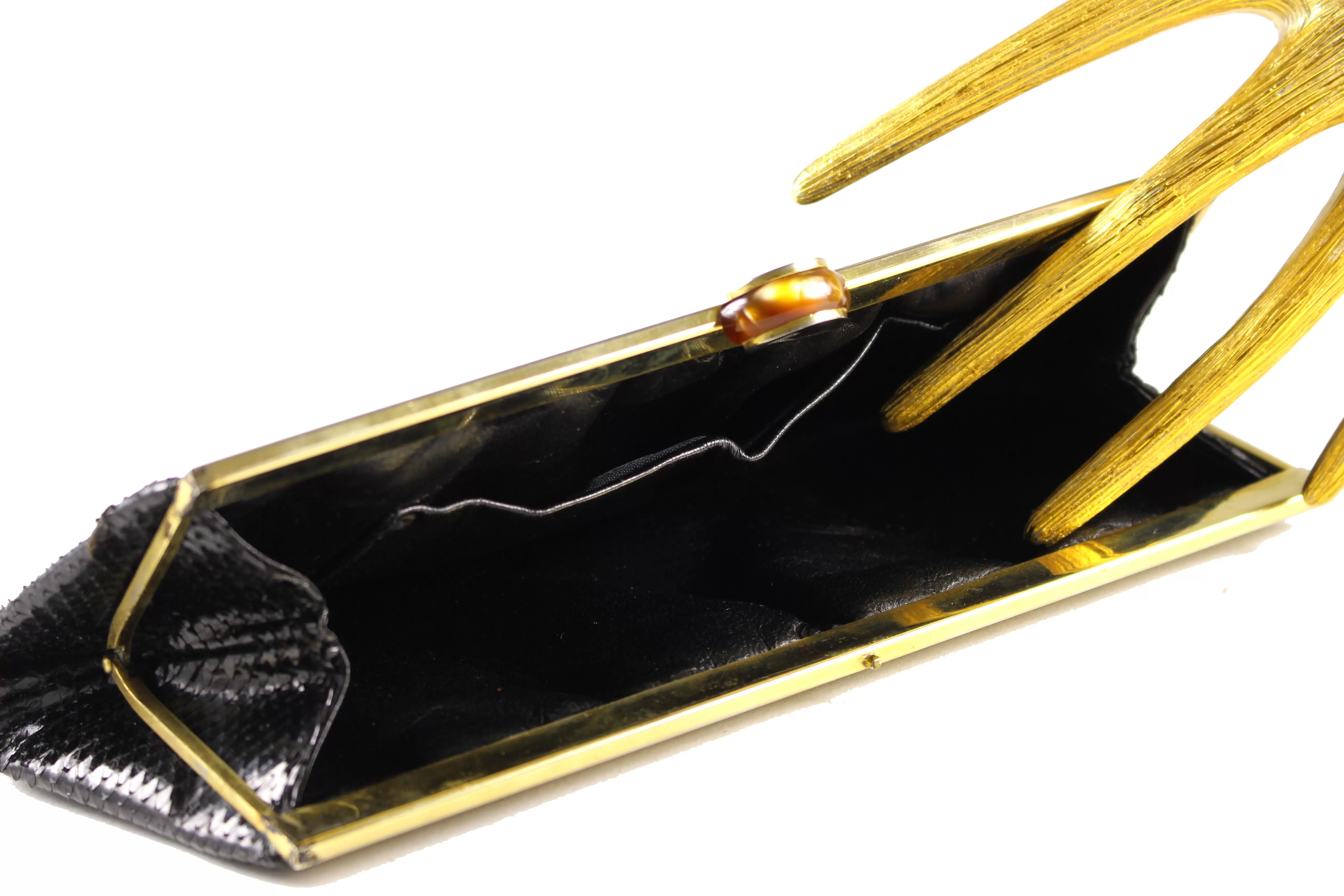 Black snake skin clutch with bakelite clasp