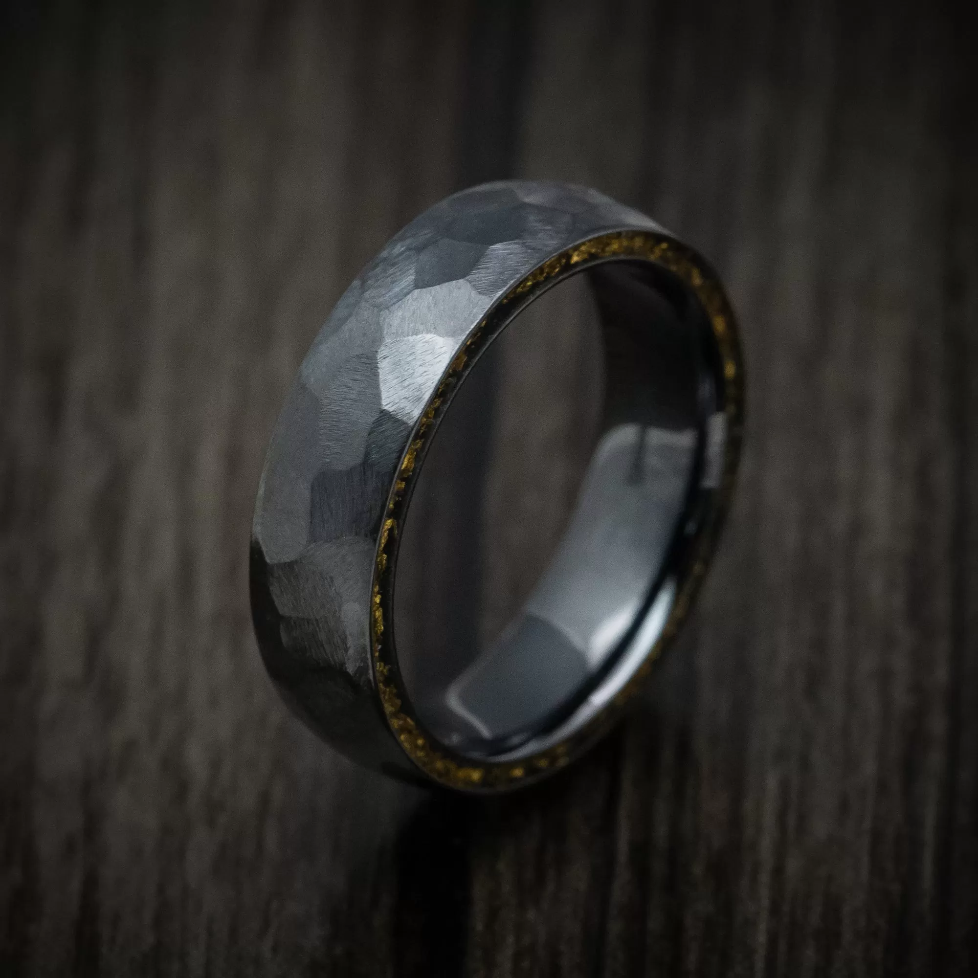 Black Titanium and 24K Raw Gold Nugget Men's Ring Custom Made Band