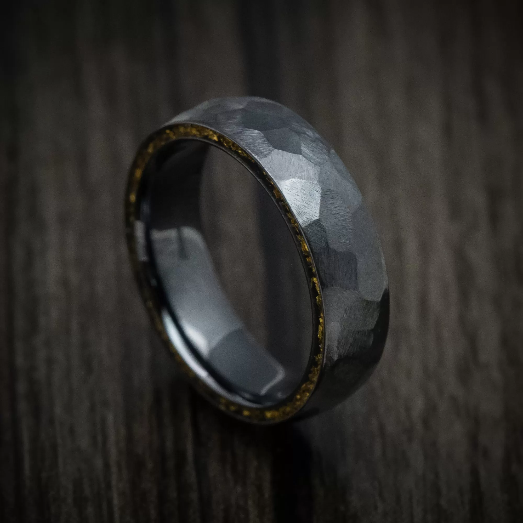 Black Titanium and 24K Raw Gold Nugget Men's Ring Custom Made Band