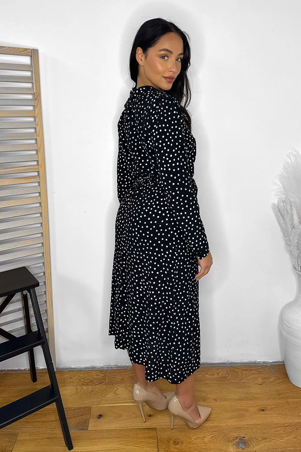 Black White Polka Dot Large Collar Midi Dress