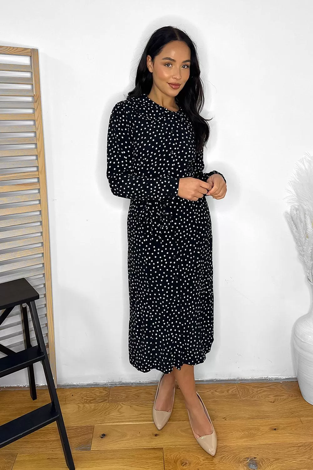 Black White Polka Dot Large Collar Midi Dress