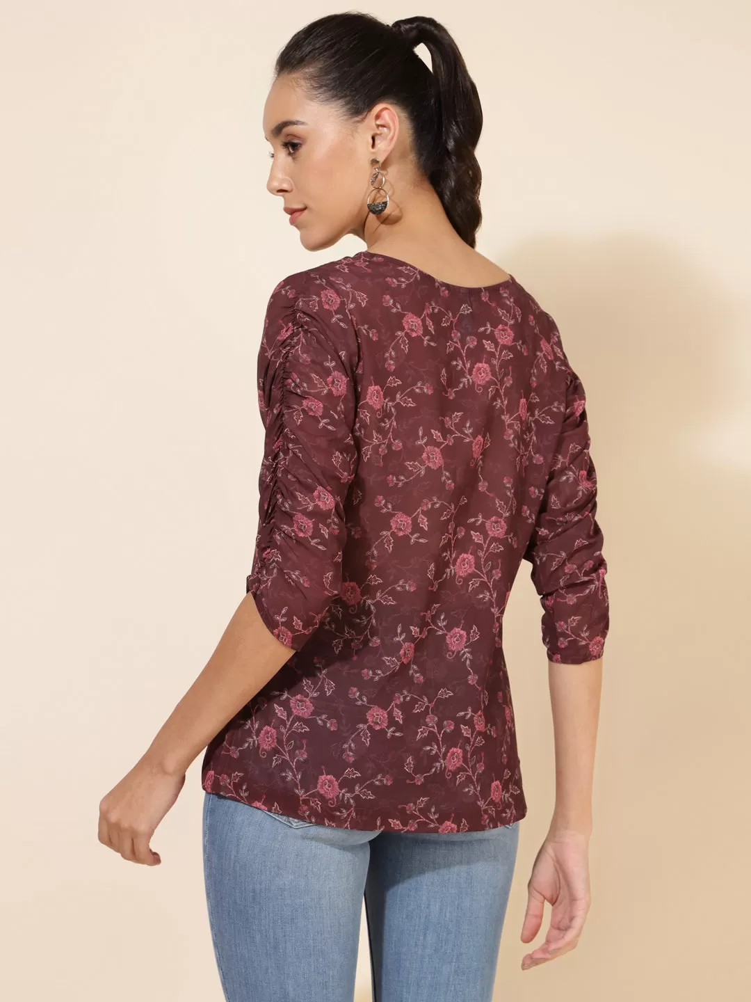 Brown Georgette Floral Printed Regular Top