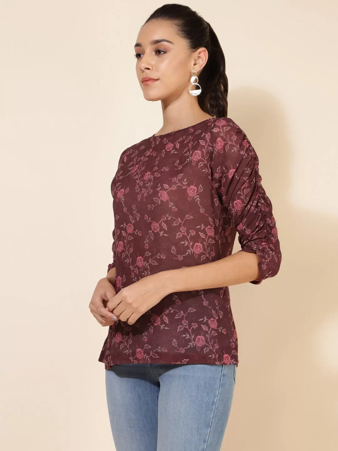 Brown Georgette Floral Printed Regular Top