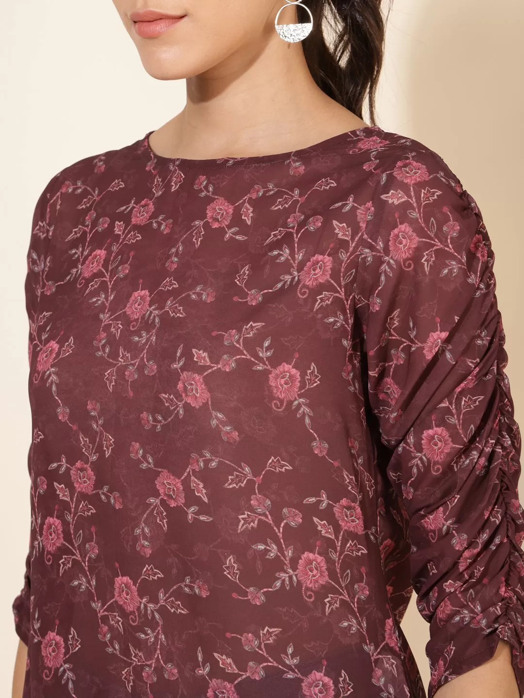 Brown Georgette Floral Printed Regular Top