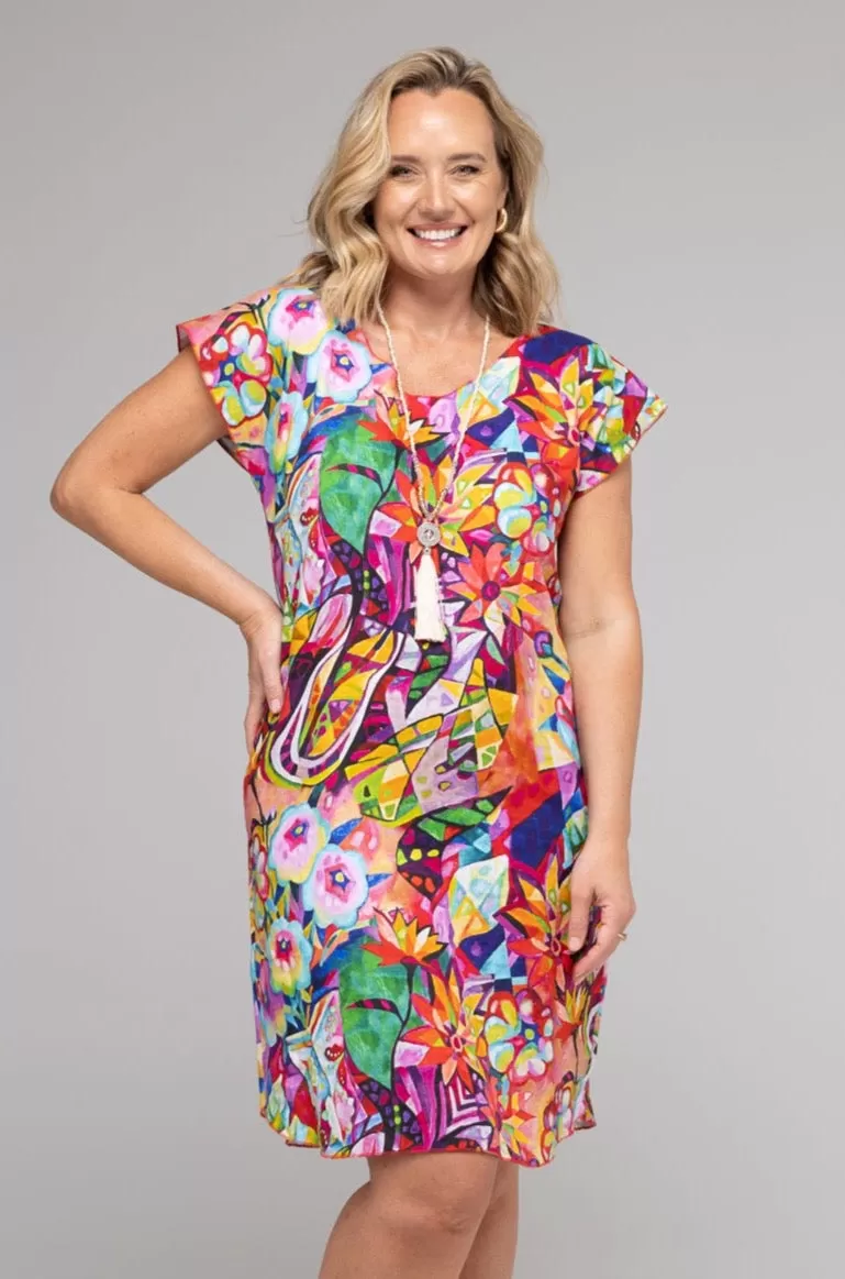 Calypso Print Linen Short Sleeve Dress