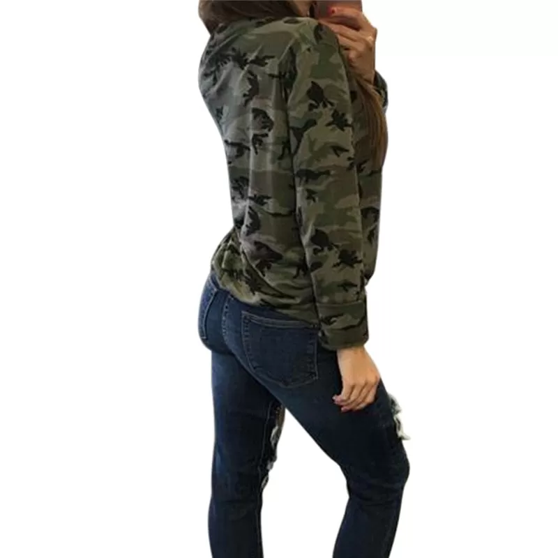 Camouflage Print Women Long Sleeve Slim T-Shirt Fashion V-Neck Lace-up Lady Sexy Tops Army Style Casual Female T-Shirt Tee