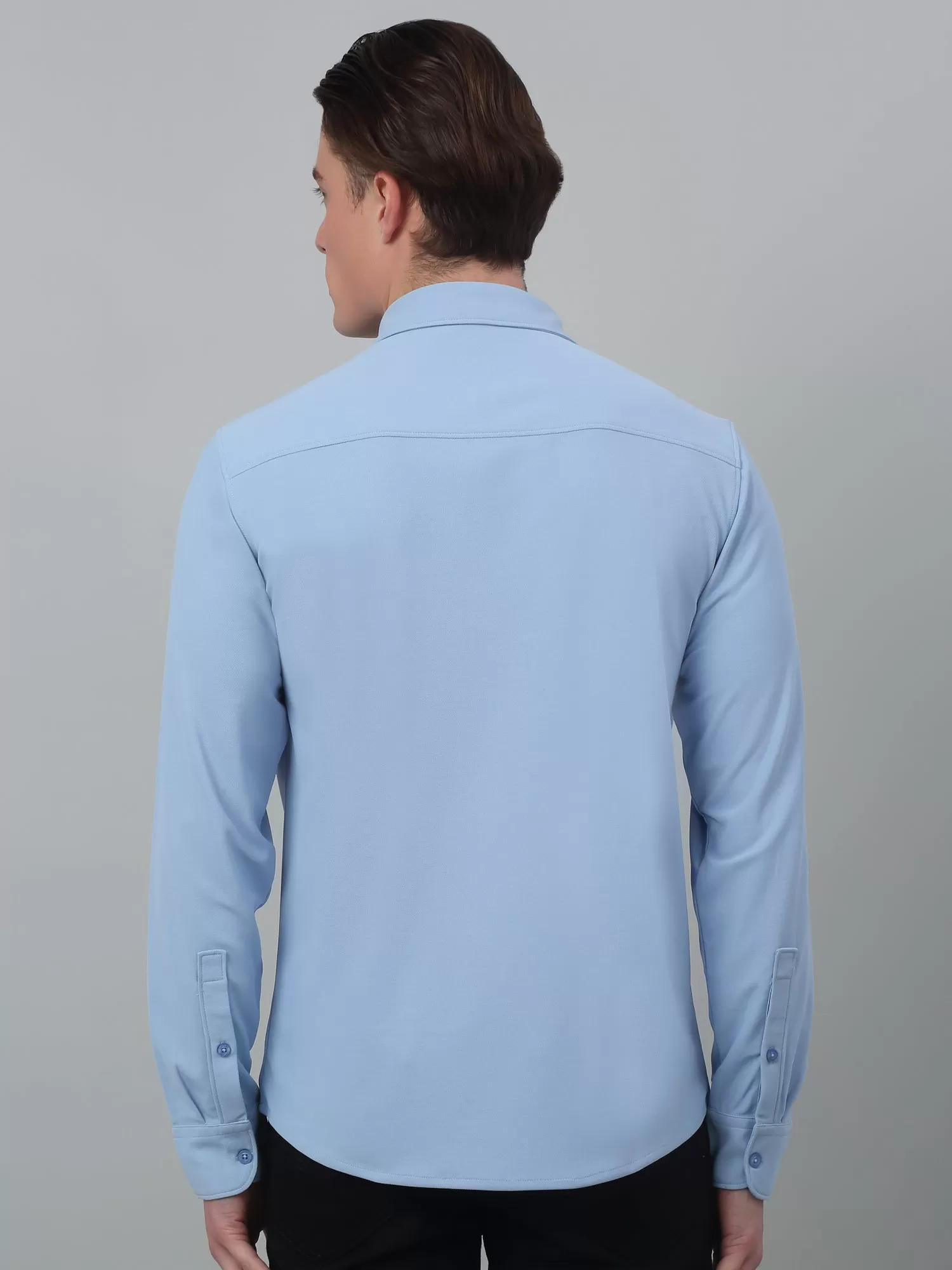 Cantabil Blue Solid Full Sleeve Casual Stretchable Shirt For Men