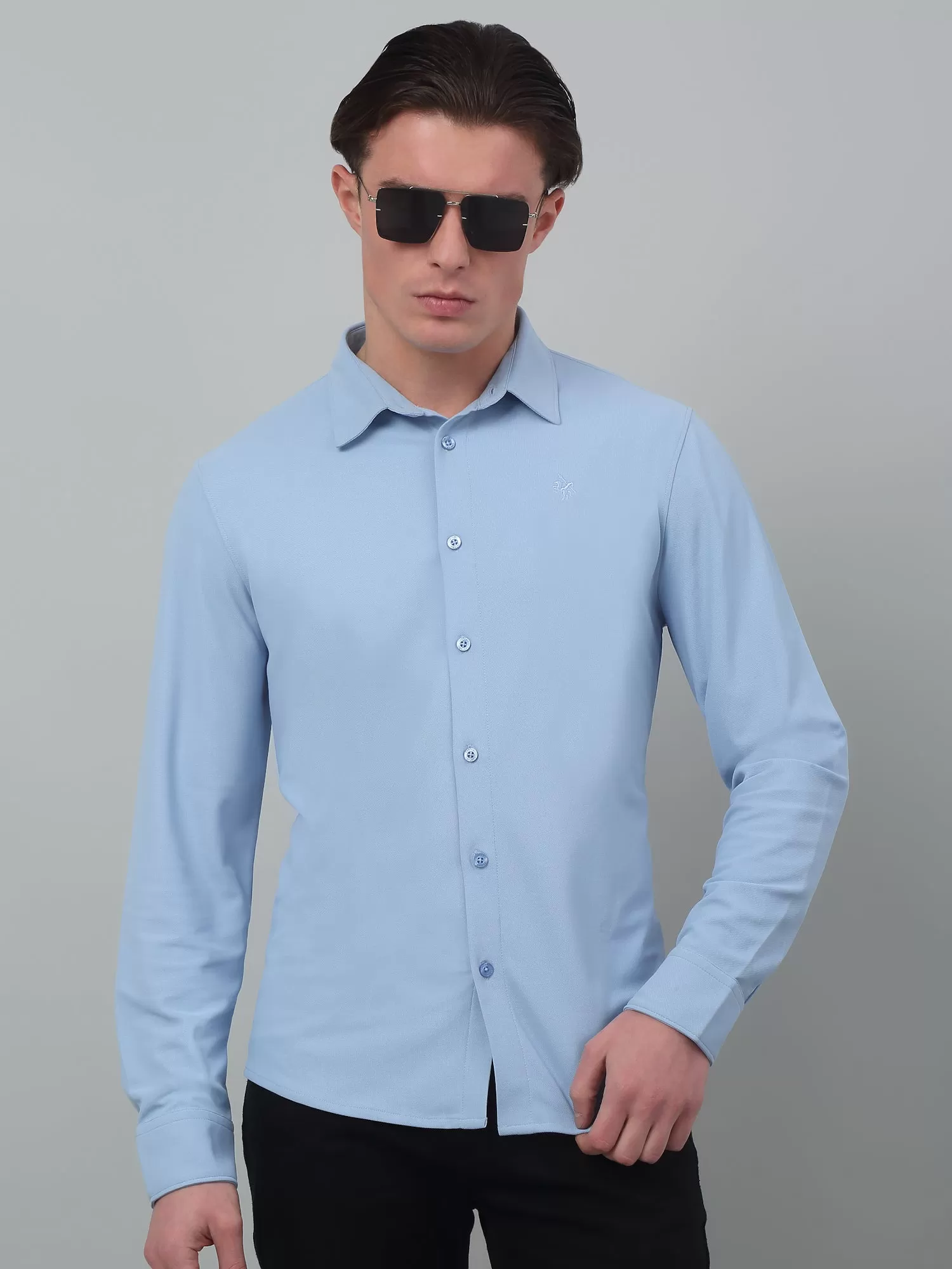 Cantabil Blue Solid Full Sleeve Casual Stretchable Shirt For Men