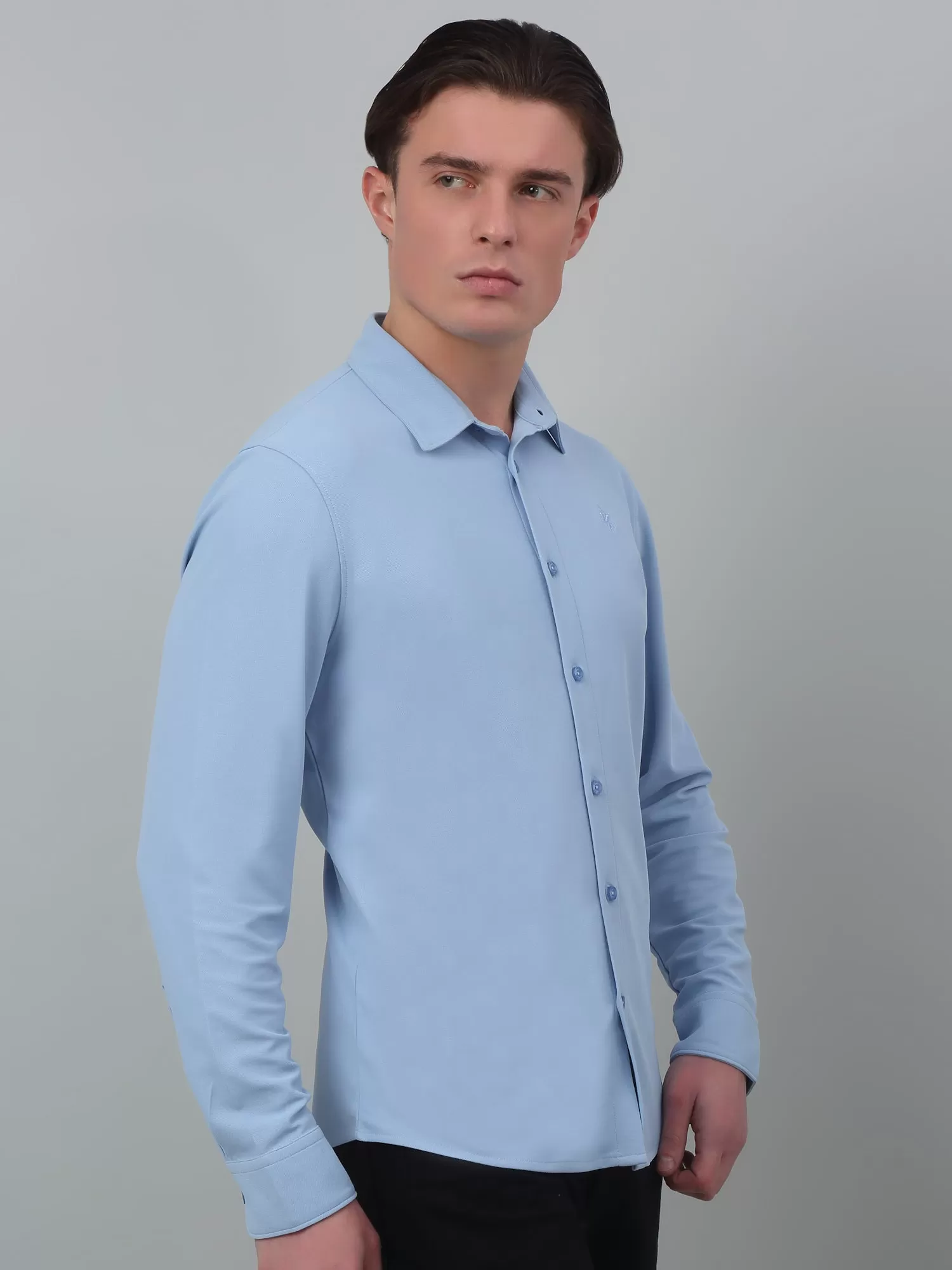 Cantabil Blue Solid Full Sleeve Casual Stretchable Shirt For Men